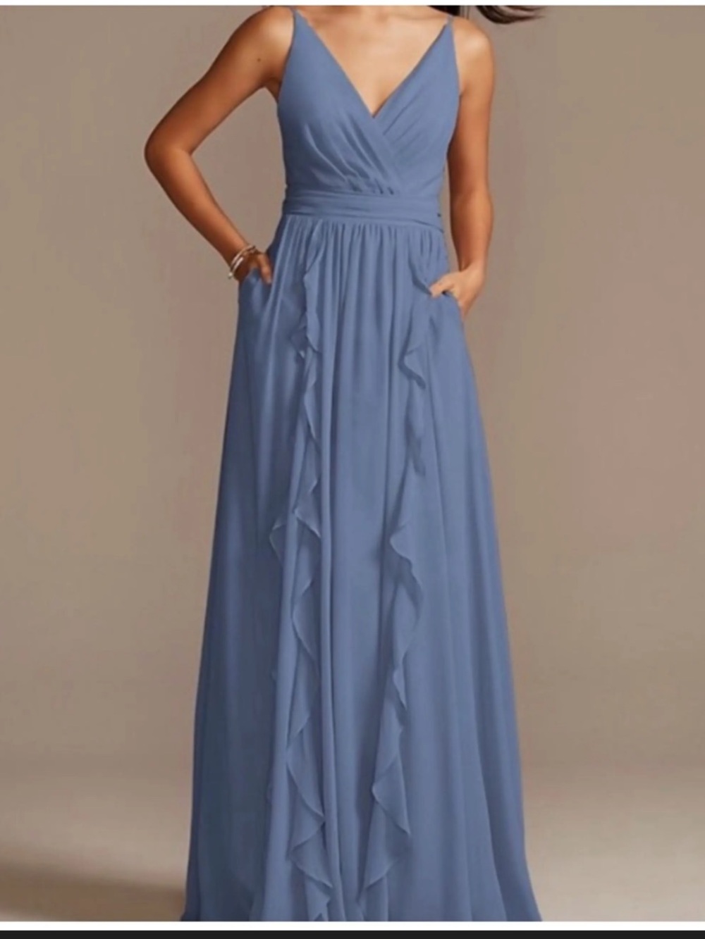 David's Bridal Dusty Blue Chiffon V-Neck Maxi Dress